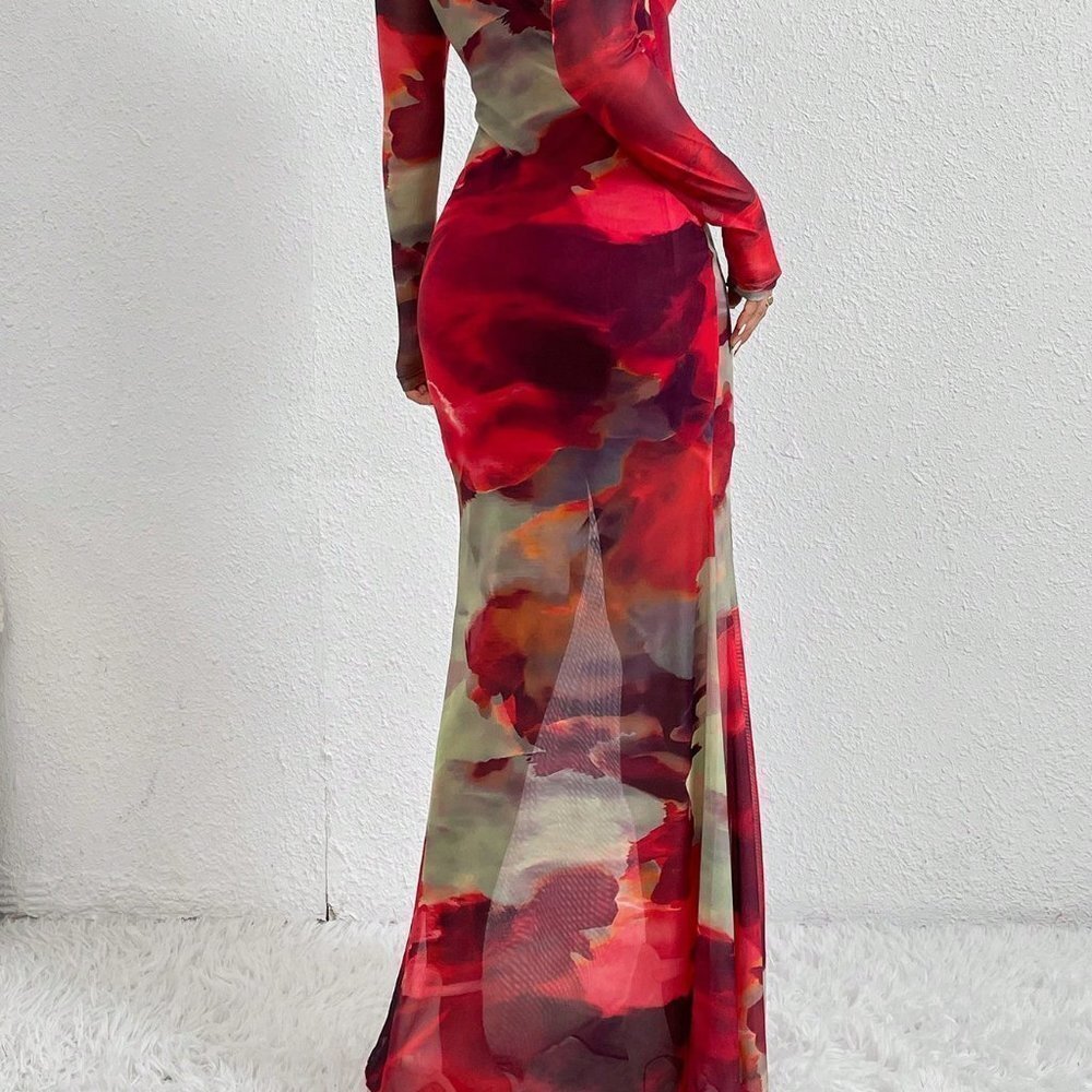Red Preppy Women's Tie Dye Lettuce Edge Fish Tail Dress - Picture 2 of 5
